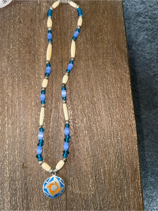 Jewelry - Handmade Blue and Cream Beaded Sun Pendant Necklace